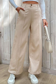 Beige tailored seam wide-leg trousers with a high waist and button closure.