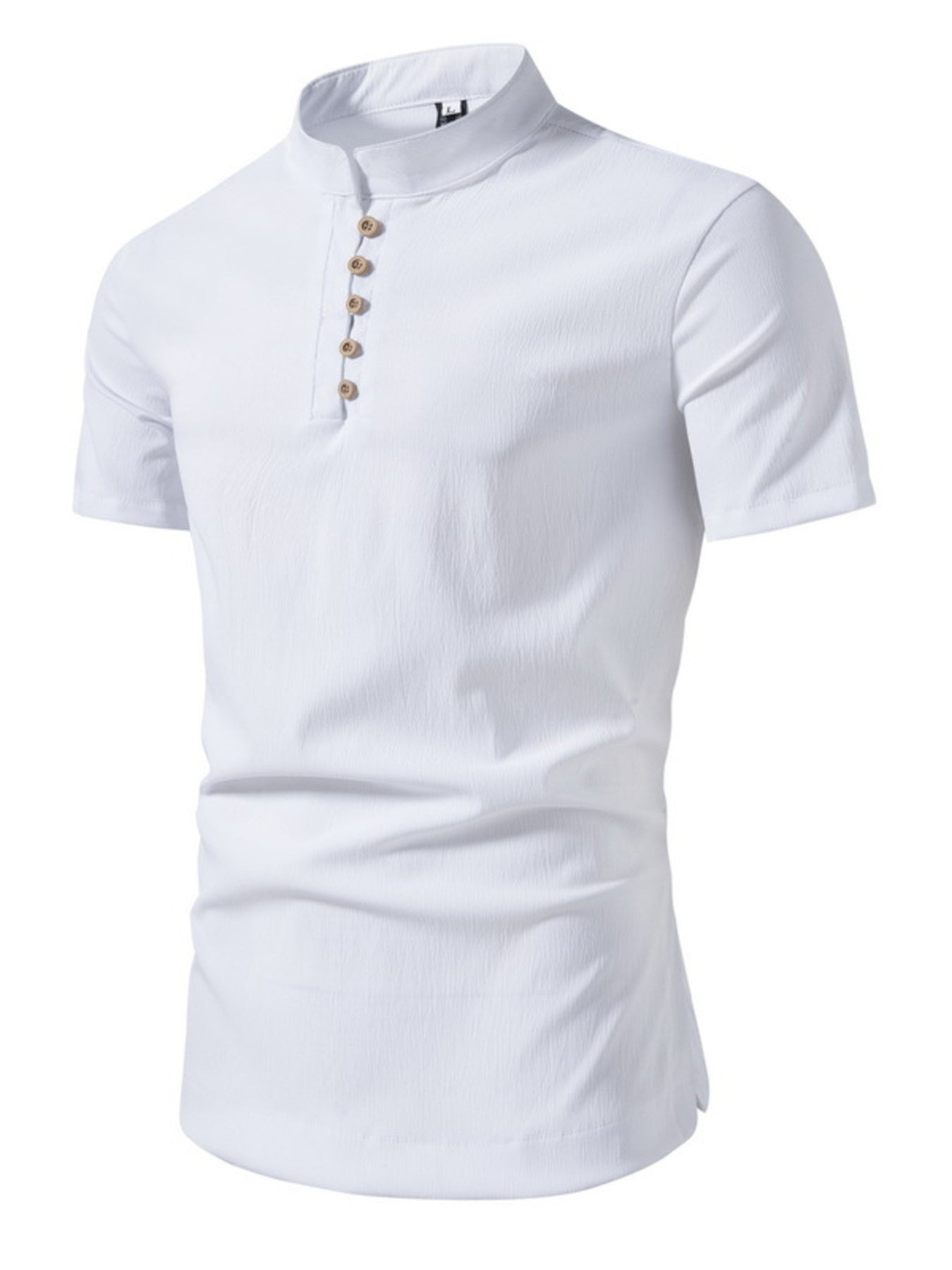 White cotton short sleeve band collar shirt with button detail