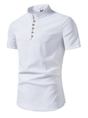 White cotton short sleeve band collar shirt with button detail