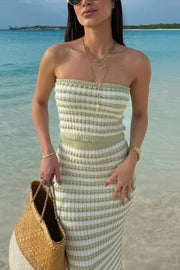Green and white ribbed knit bandeau co-ord set with horizontal stripes.