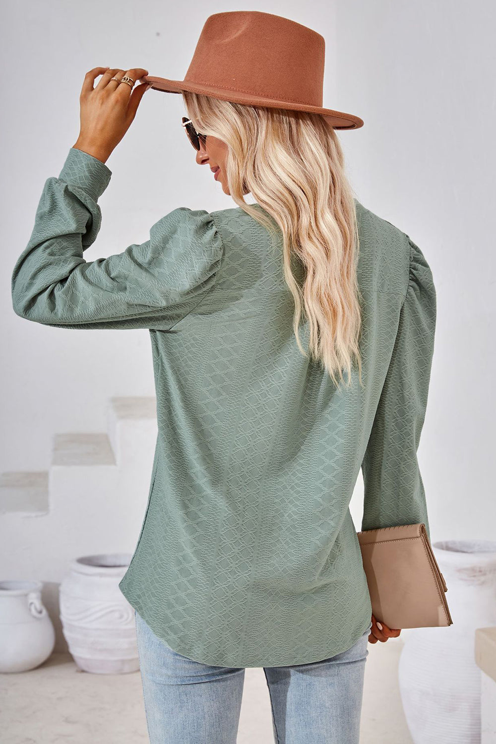 Sage textured puff sleeve henley blouse with a diamond pattern