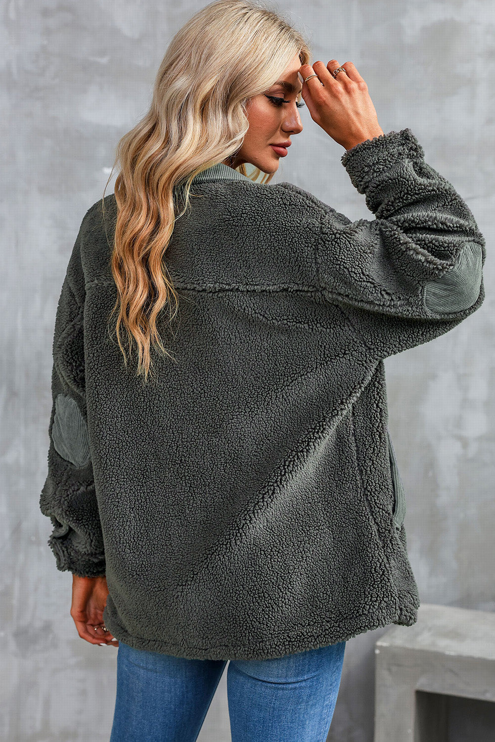 Textured teddy jacket in charcoal with corduroy trim details and elbow patches.