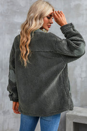 Textured teddy jacket in charcoal with corduroy trim details and elbow patches.