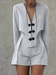 Pinstripe Cropped Blazer And Pleated Shorts Set in Light Gray, close-up detail