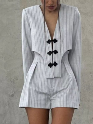 Pinstripe Cropped Blazer And Pleated Shorts Set in Light Gray, close-up detail