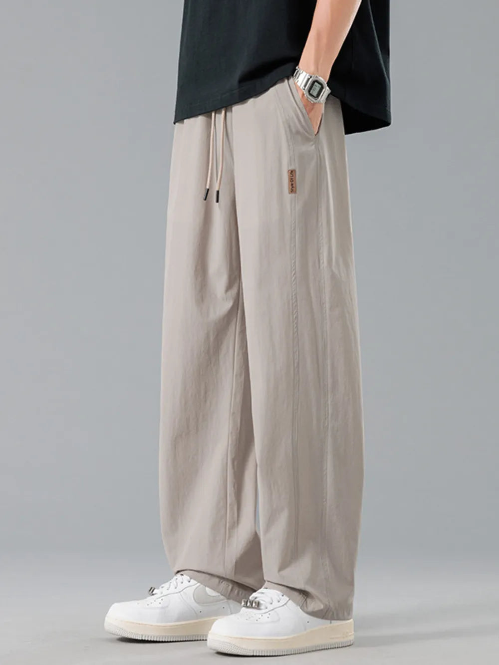 Men's Plus Size Loose Fit Drawstring Casual Pants in Grey, front view
