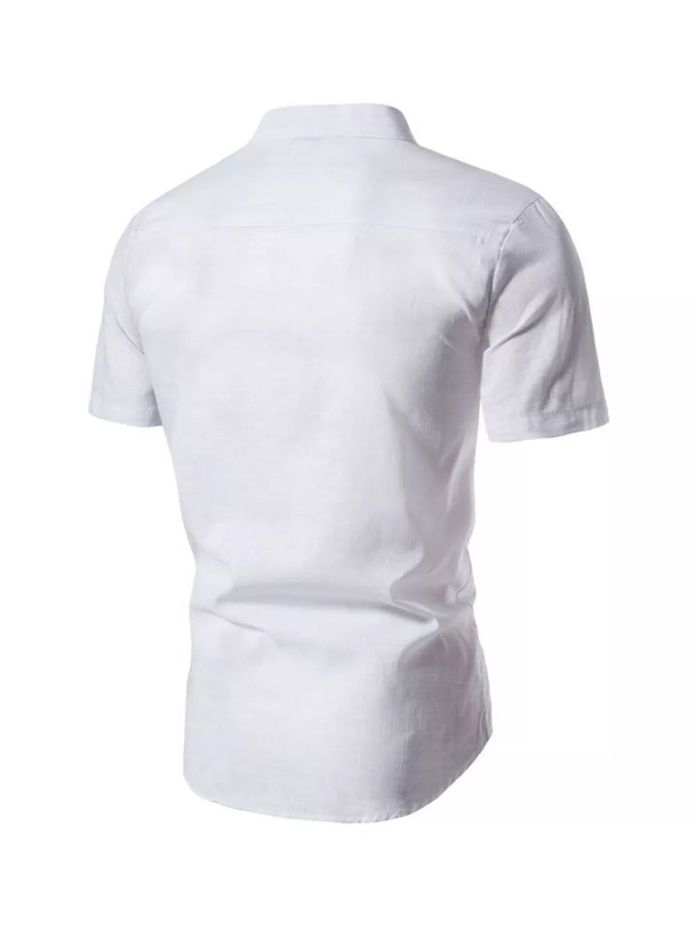 White cotton men's short sleeve shirt with mandarin collar and curved hem