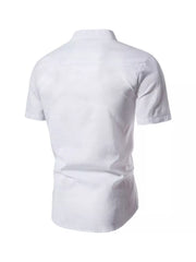 White cotton men's short sleeve shirt with mandarin collar and curved hem