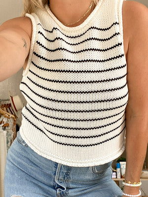 White knit tank top with black zigzag stripes, sleeveless, crew neck, casual style