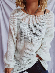 White open-knit slouchy boatneck pullover sweater with a relaxed fit.
