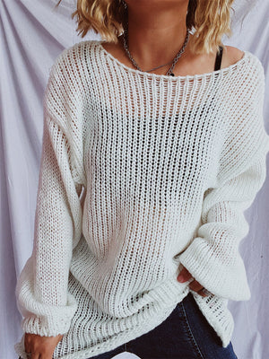 White open-knit slouchy boatneck pullover sweater with a relaxed fit.
