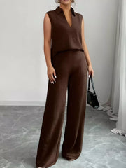 Chocolate collared sleeveless top and wide-leg pants set with a textured finish.