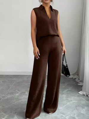 Chocolate collared sleeveless top and wide-leg pants set with a textured finish.