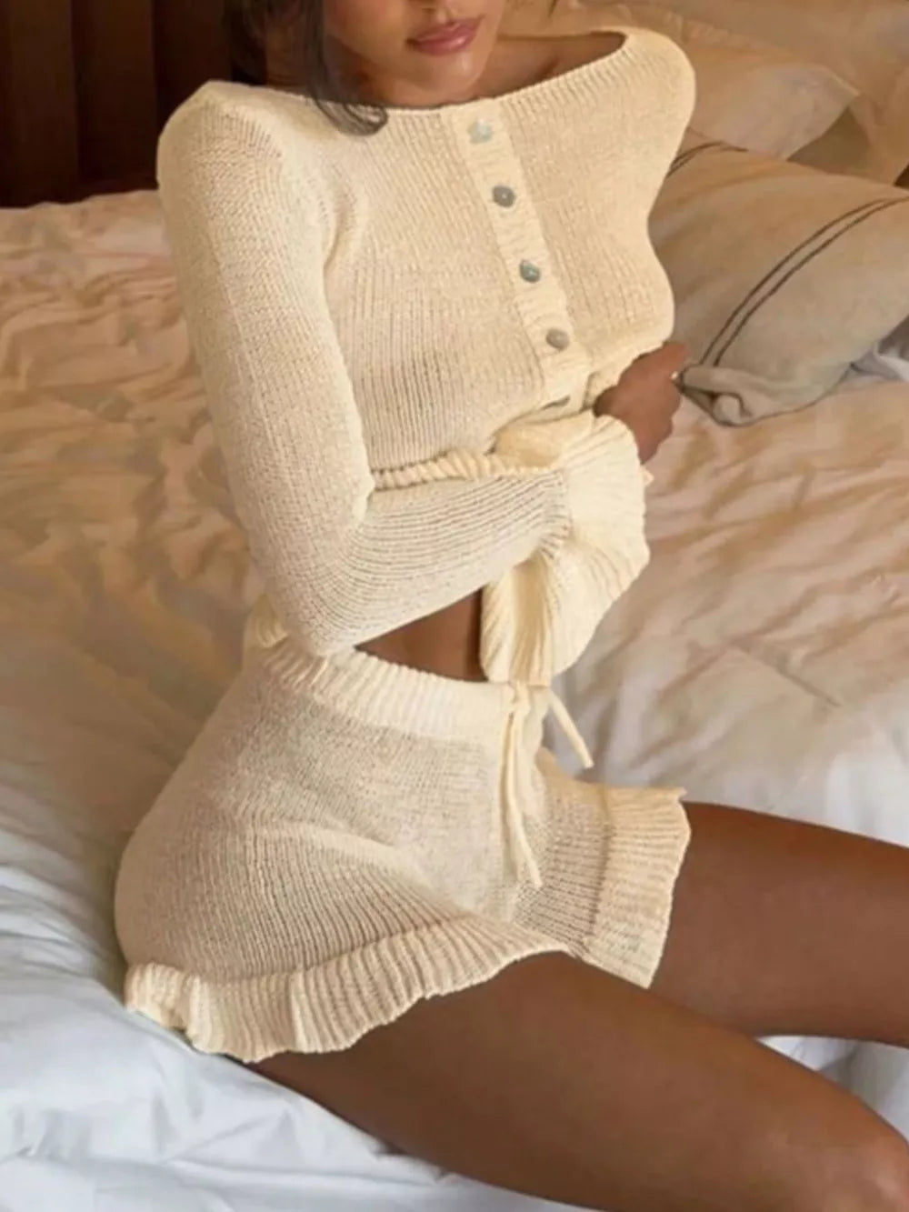 Button Up Cardigan And Shorts Sweater Set in Beige, front view