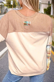 Raglan plaid cuff henley top in tan with waffle knit yoke and plaid detail.