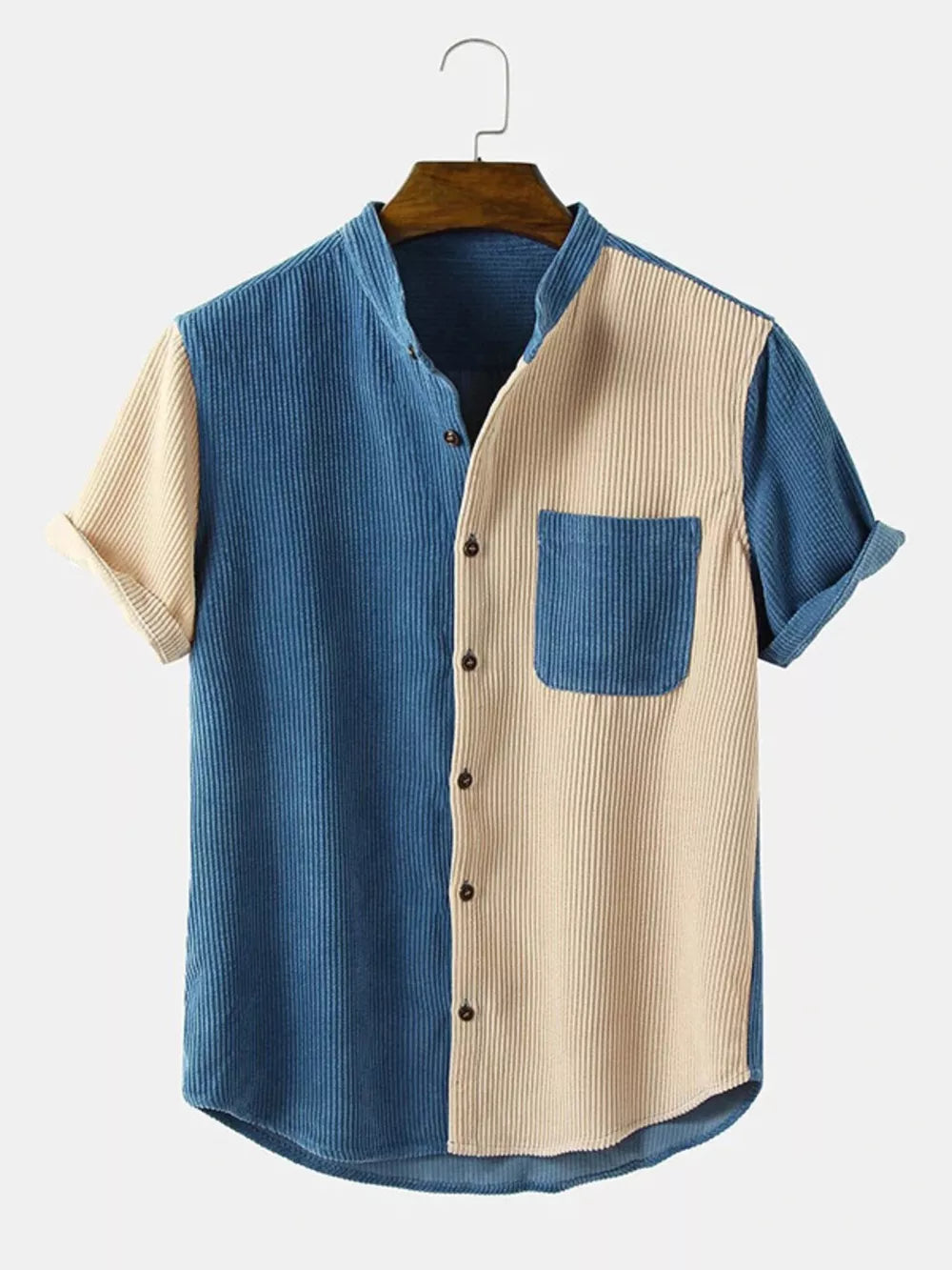 Men's Full Size Color Block Corduroy Shirt in Light Blue, front view