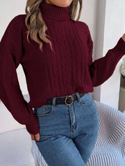 Burgundy cable knit turtleneck sweater with drop shoulder and ribbed collar.