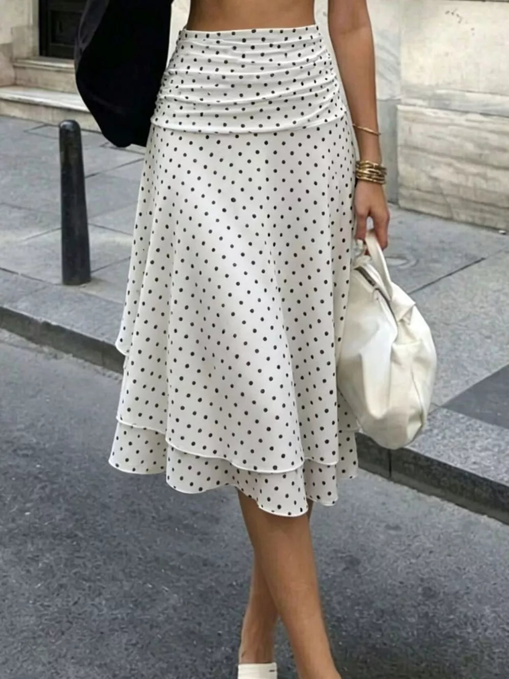 Polka Dot Ruched Waist Midi Skirt in White, side view
