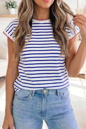 Blue and white striped cotton t-shirt with red zig-zag trim on neckline and sleeves