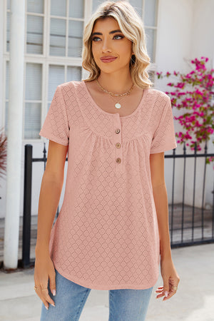 Blush pink eyelet yoke gathered henley shirt with short sleeves and button detail