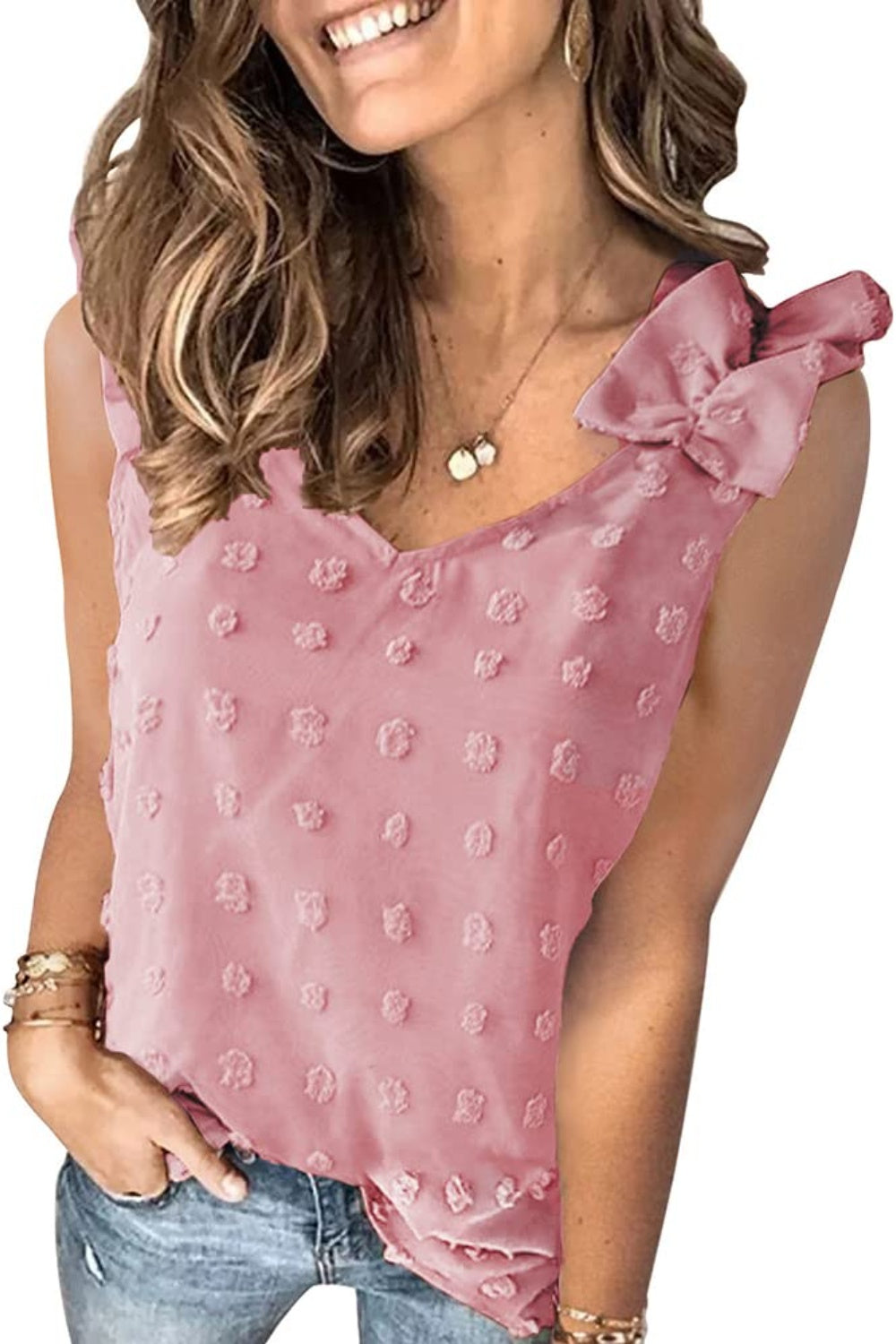 Dusty pink textured tank top with ruffle bow sleeves and v-neck