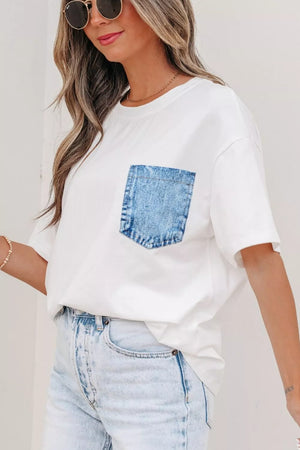 White cotton tee with a blue denim chest pocket.