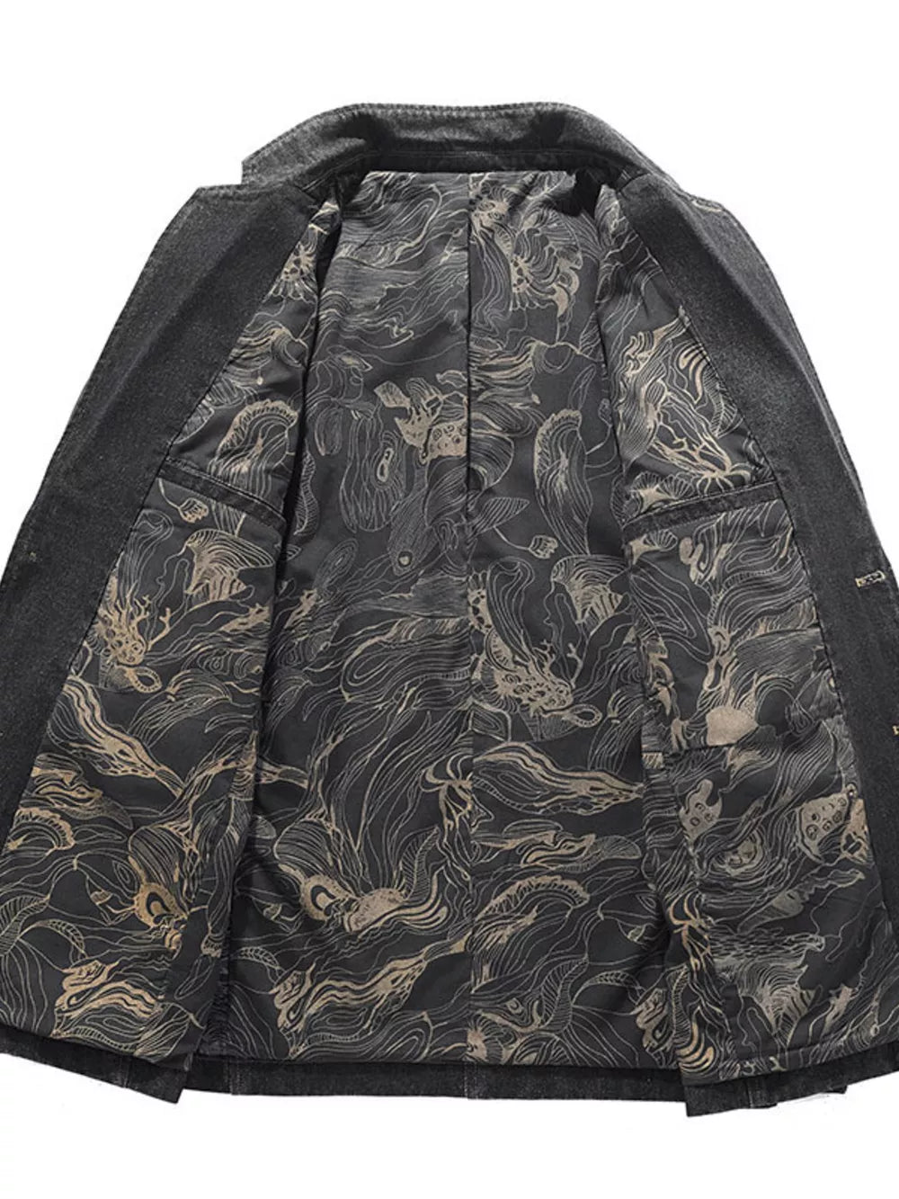 Men's black denim blazer with a detailed dragon print lining and button closure.