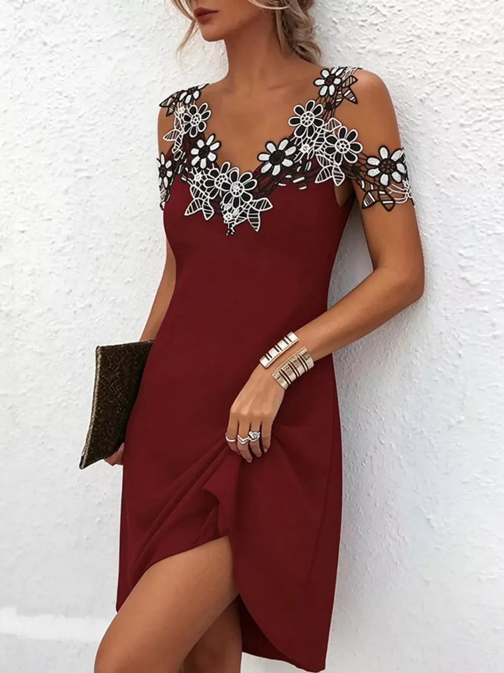 Lace Floral Trim Cold Shoulder Mini Dress in Black, product detail