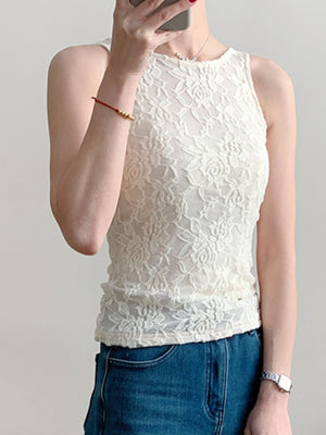 White sheer lace tank top with floral pattern and round neckline.