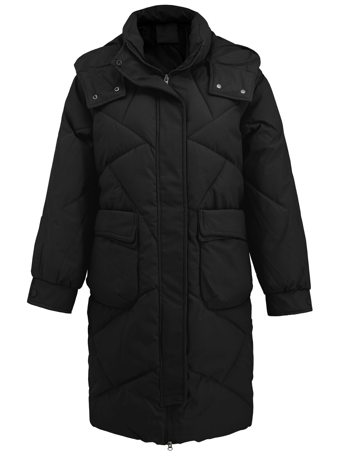 Black diamond quilted hooded puffer coat with snap-button flap pockets and zip closure.