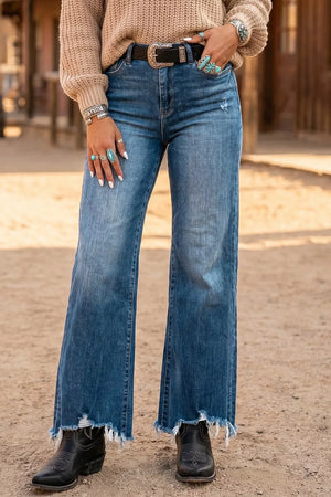 High Waist Frayed Hem Flare Jeans, front view