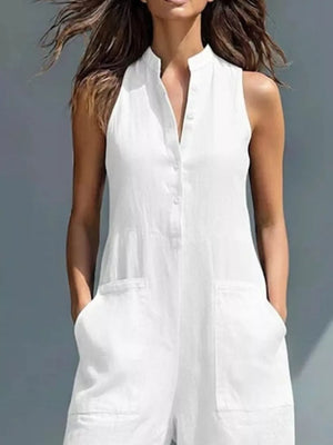 White button-down sleeveless romper with pockets