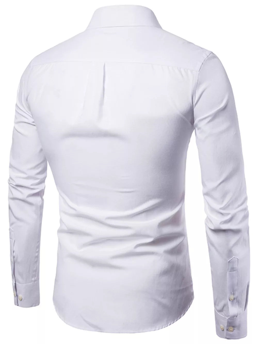 White cotton button-down shirt with long sleeves and buttoned cuffs.
