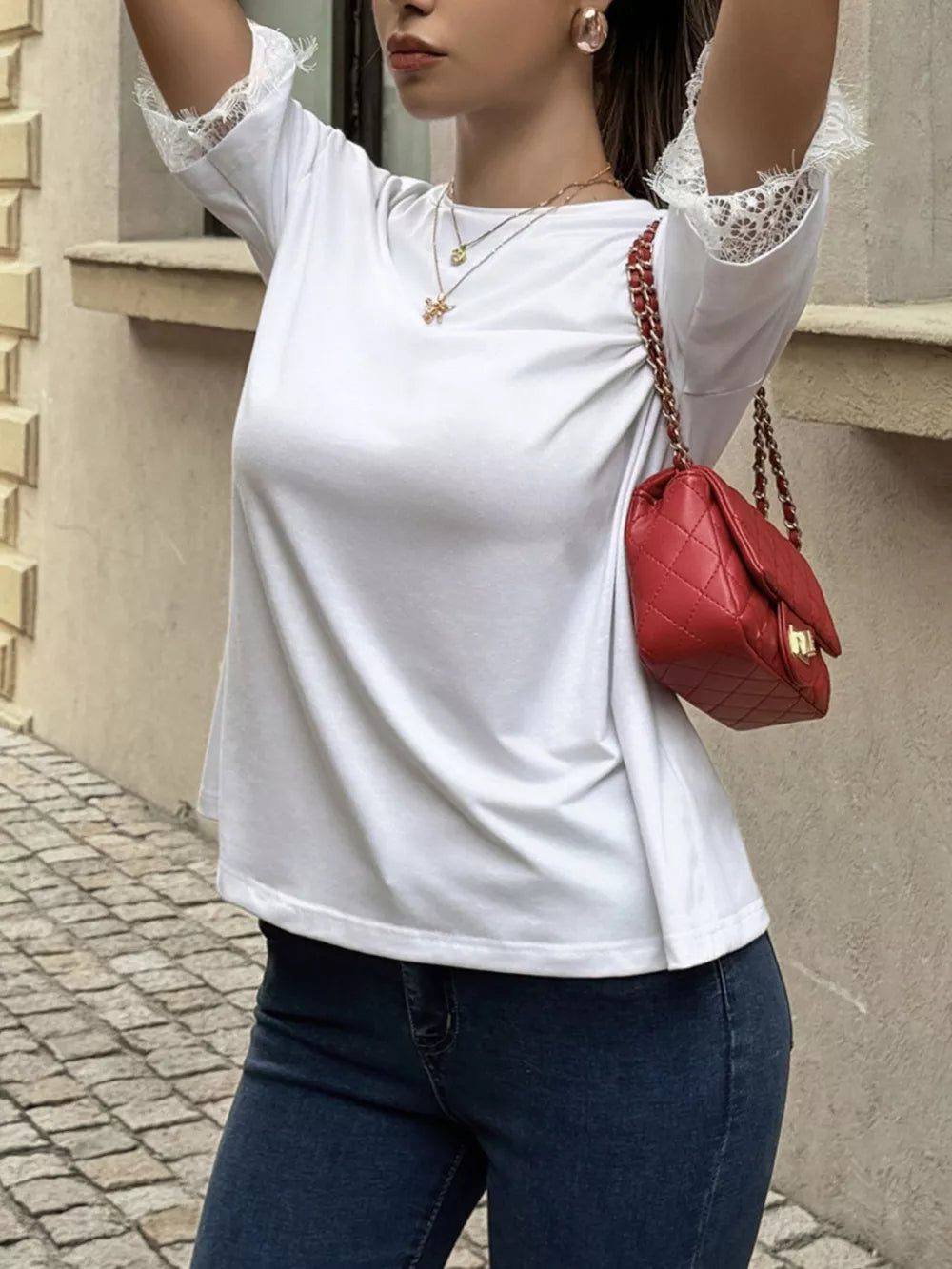 Lace Trimmed Casual T-shirt in White, close-up detail