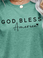 God Bless America script tee in Gum Leaf green heather, crew neck, short sleeves.