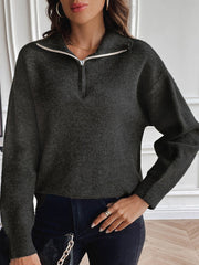Charcoal zip-up knit sweater with contrast collar and long sleeves.