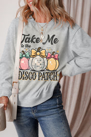 Gray graphic sweatshirt with disco ball pumpkins and text Take Me to the Disco Patch.