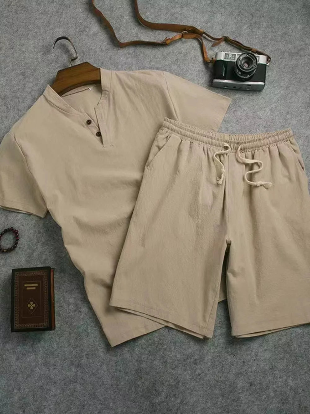 Khaki cotton two-piece set with henley neck shirt and drawstring shorts