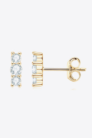 Gold triple stone bar stud earrings with clear cubic zirconia stones