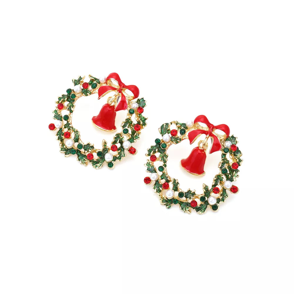 Festive wreath-inspired dangle earrings with red bells and bows, adorned with red and pearl accents.