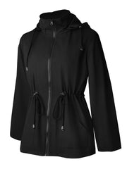 Black hooded zip-up jacket with drawstring waist and pockets