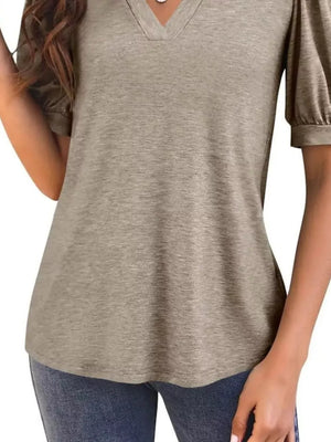 Camel t-shirt with puff sleeves and notched V-neck.