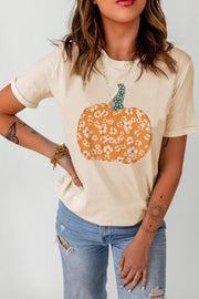 Cream t-shirt with a floral pumpkin graphic and a teal stem.