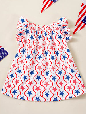 Toddler star print dress with ruffle sleeves and wavy stripe pattern in red, white, and blue cotton.