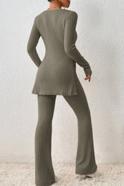 Olive brown ribbed knit co-ord set with long sleeves, side slit top and flared pants.