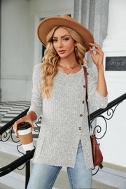 Light Gray ribbed tunic top with button detail and asymmetric hem.