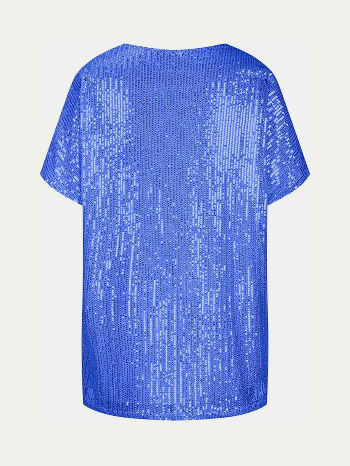 Blue sequin V-neck blouse with short sleeves and a slouchy fit.