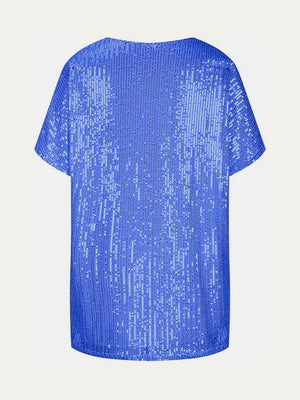Blue sequin V-neck blouse with short sleeves and a slouchy fit.