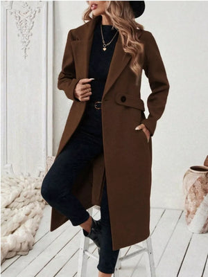 Elegant Lapel Collar Belted Trench Coat Plus Size in Gray, editorial view