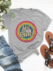 Gray graphic t-shirt with retro "Be Kind" rainbow circle design